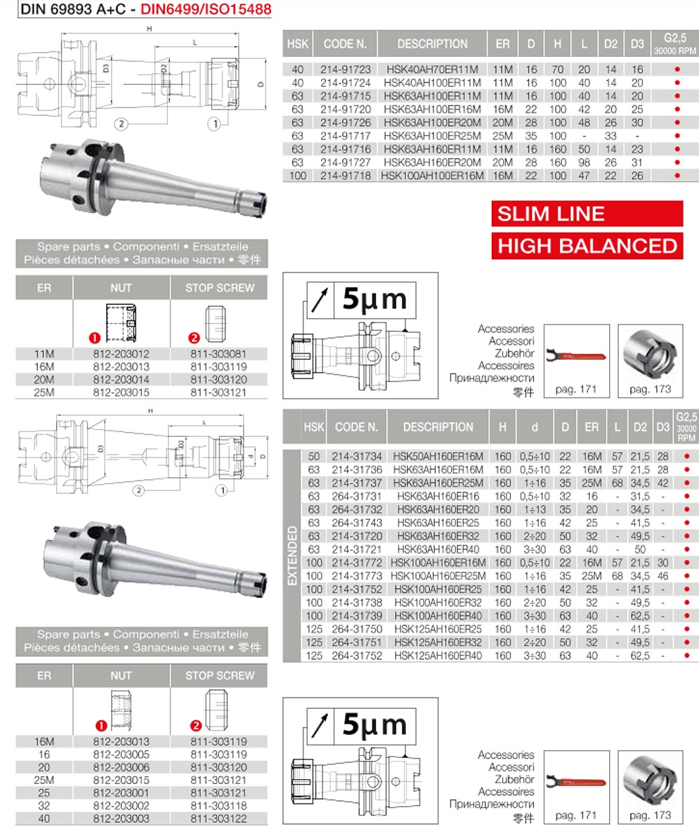 HSK63AH160ER20 - 20 x 160 Slim Line ER Collet Chuck - DIN6499 